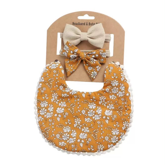 Mustard Floral Bib/Bow Set