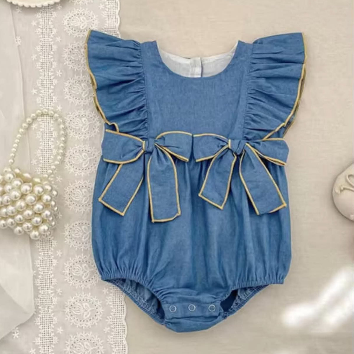 Denim Blue Ruffle Bow Romper
