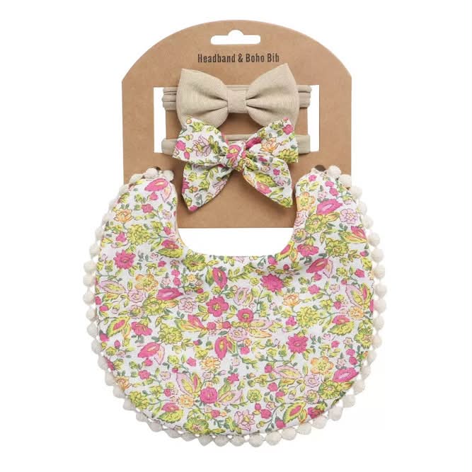Vintage Pink Floral Bib/Bow Set