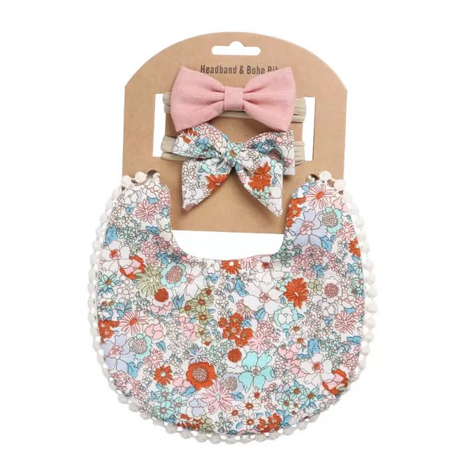 Vintage Blue Floral Bib/Bow Set