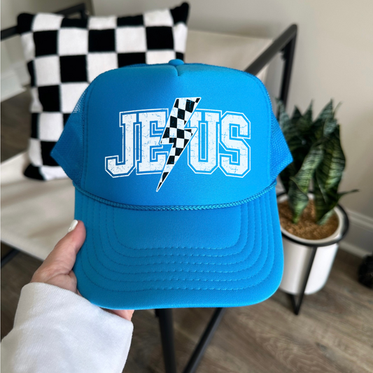 Checkered Jesus Bolt Faith Foam Trucker Hat
