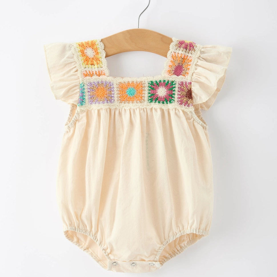Crochet Square Neck Ruffle Romper