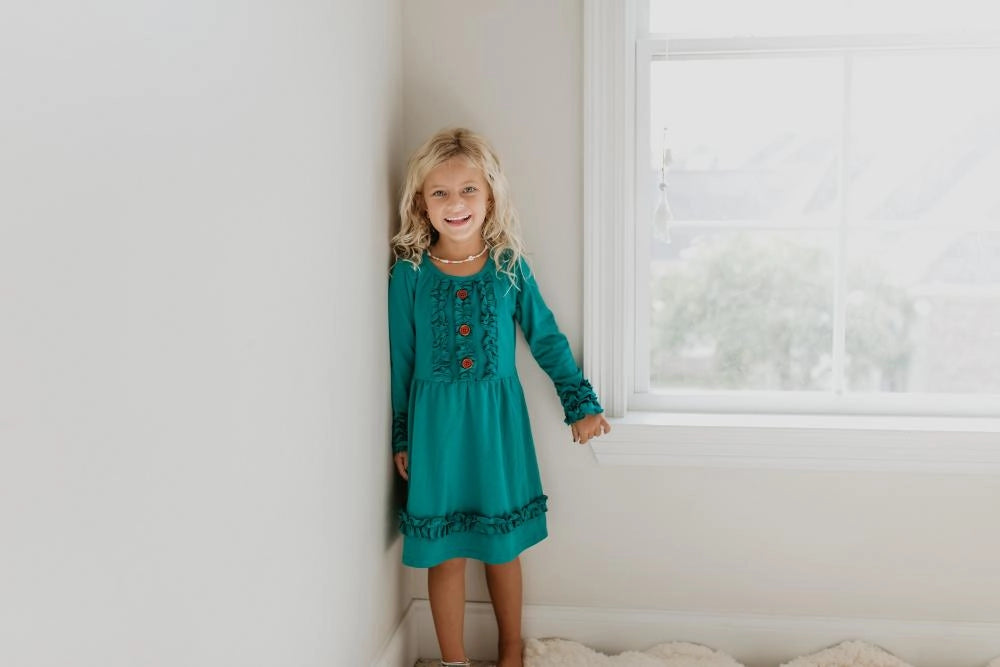Long Sleeve Dark Teal Ruffle Girls Dress