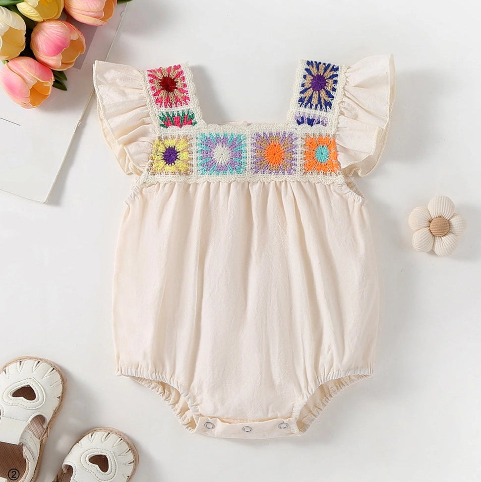 Crochet Square Neck Ruffle Romper