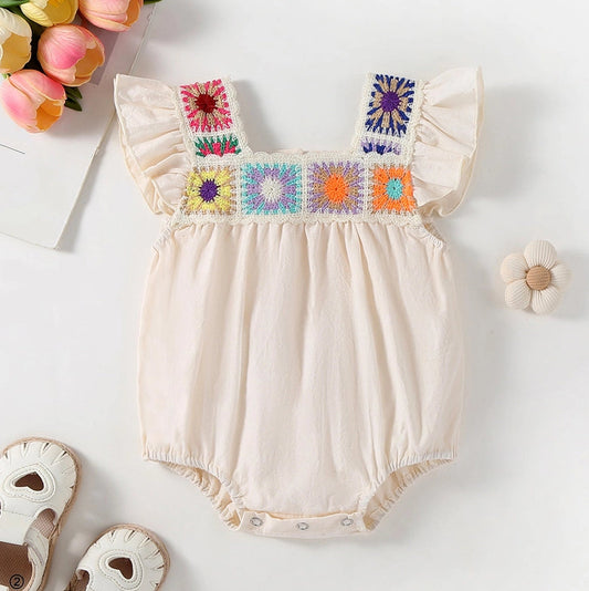 Crochet Square Neck Ruffle Romper