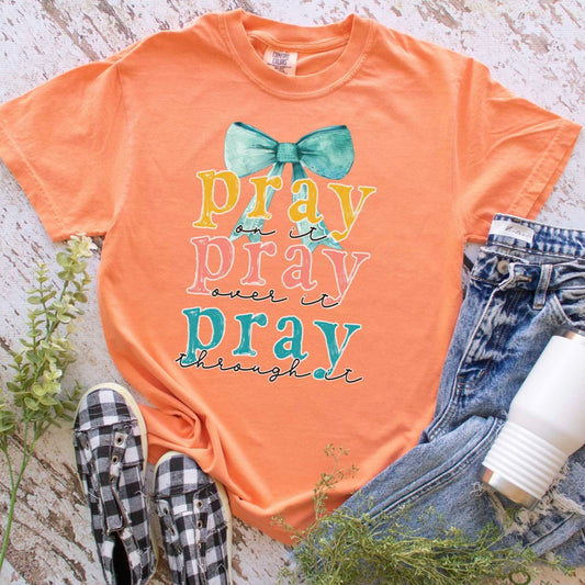 Teal Bow Pray On It, Over It, Through It Faith Graphic Tee