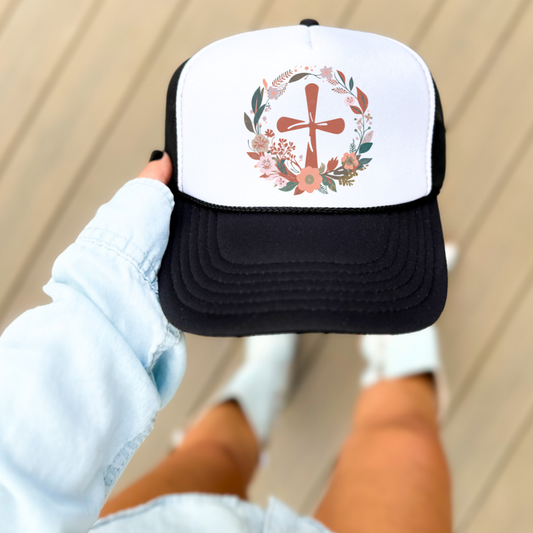 Floral Cross Circle Faith Foam Trucker Hat