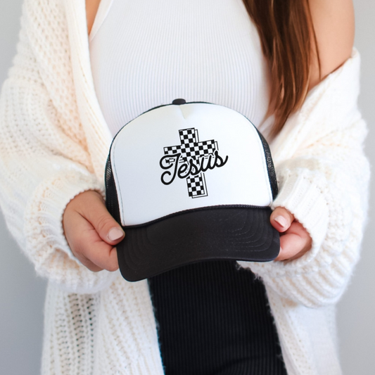 Checkered Jesus Cross Faith Foam Trucker Hat