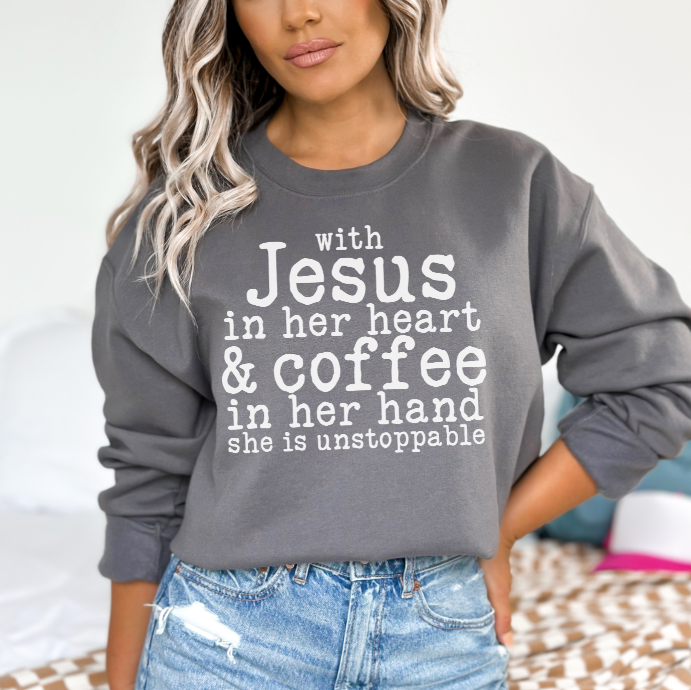 Jesus in Her Heart Coffee in Her Hand Crewneck Sweatshirt