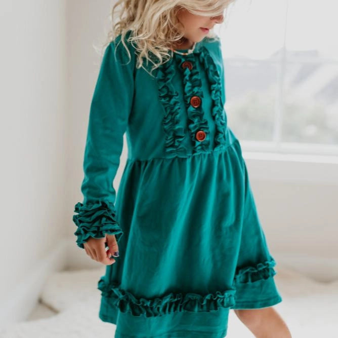 Long Sleeve Dark Teal Ruffle Girls Dress