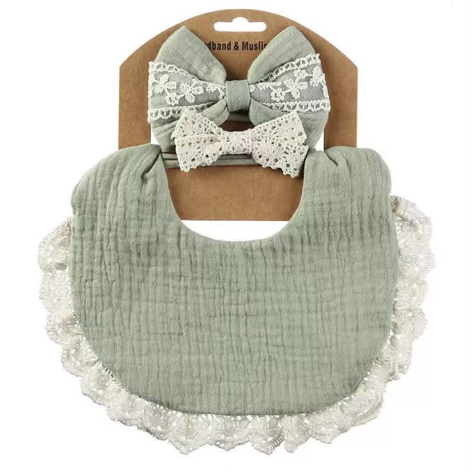Sage Lace Bib/Bow Set