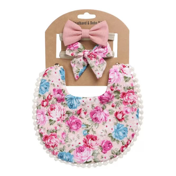 Pink Large Floral Bib/Bow Set