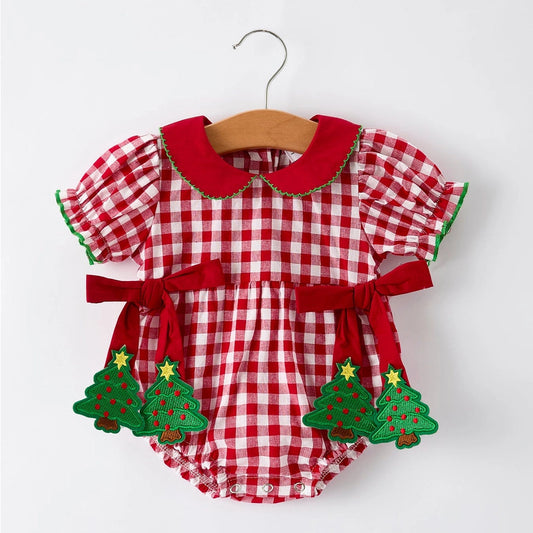 Christmas Tree Bow Plaid Romper