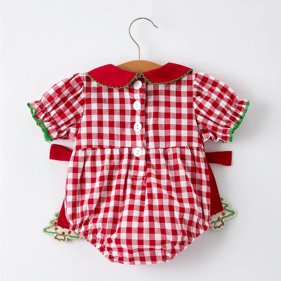 Christmas Tree Bow Plaid Romper