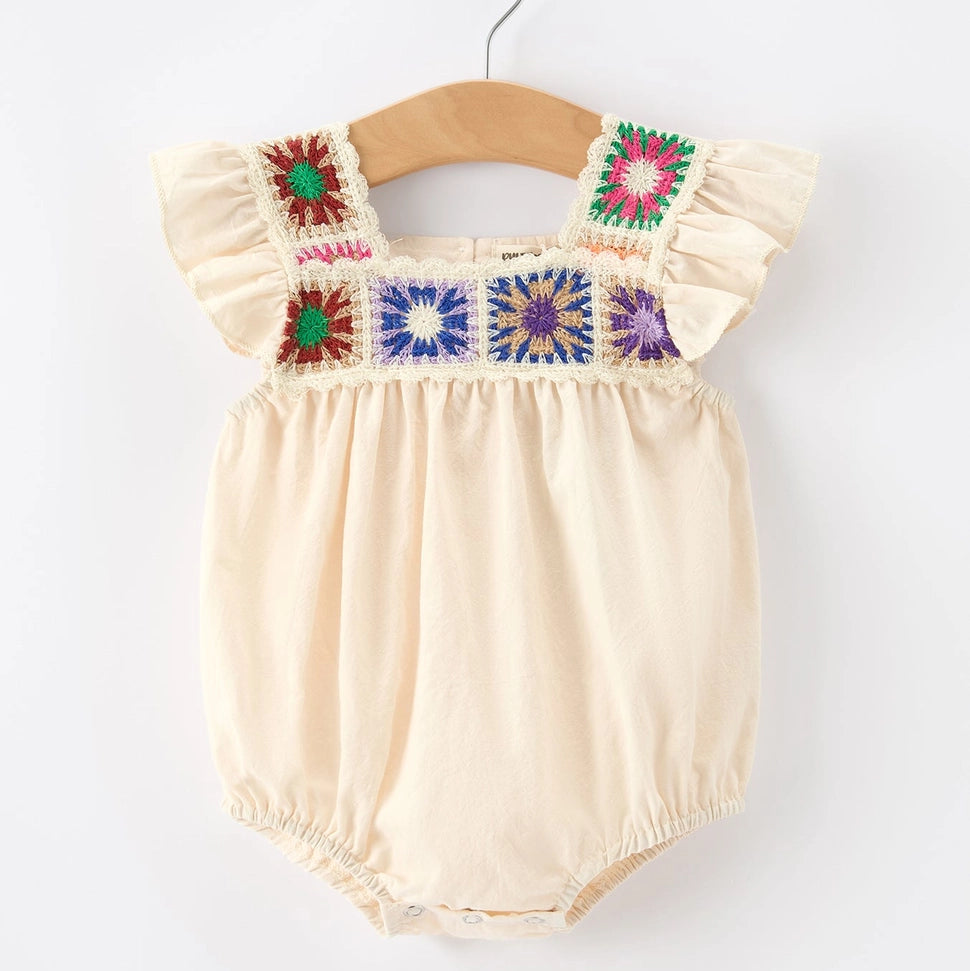 Crochet Square Neck Ruffle Romper