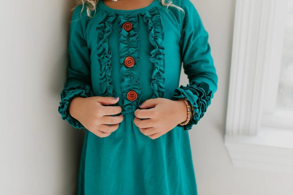 Long Sleeve Dark Teal Ruffle Girls Dress